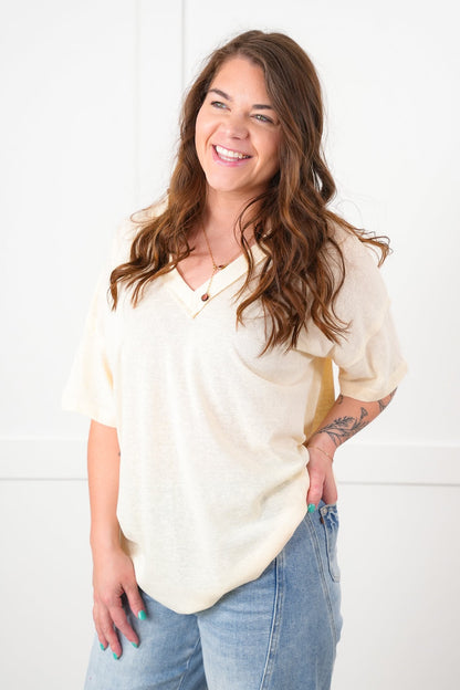 POL Stone Wash Short Sleeve V-Neck Top
