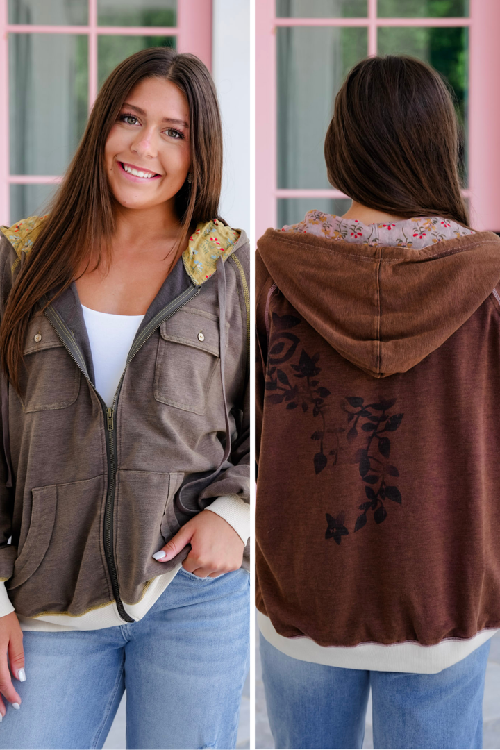 Mineral Wash Long Sleeve Zip-Up Hoodie with Cargo Pockets