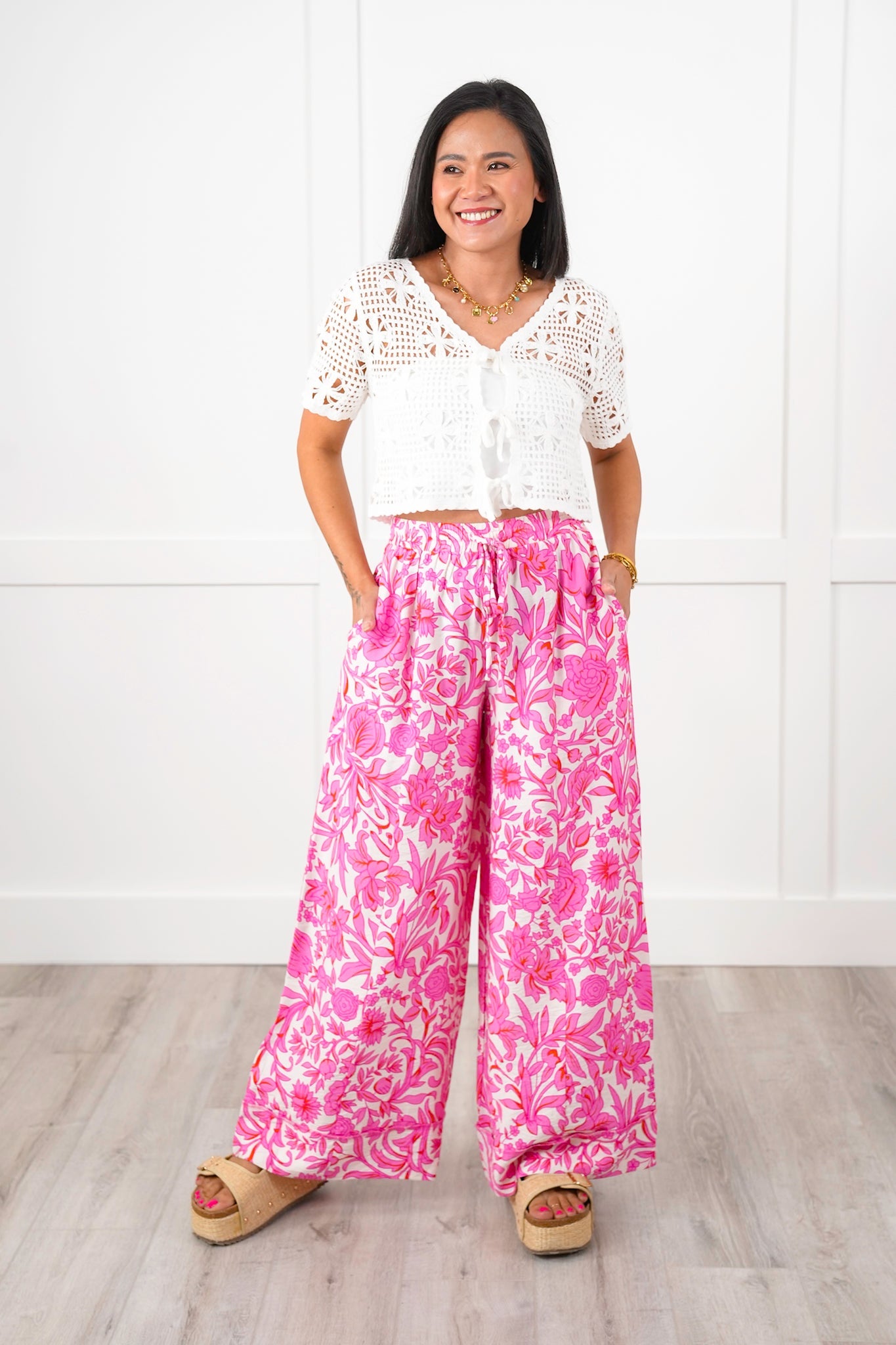 Floral Print Elastic Waist Wide Leg Pants with Side Pockets
