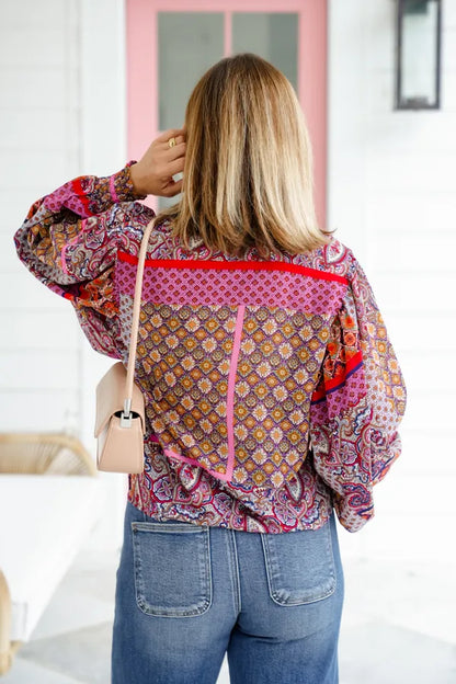Boho Print Long Puff Sleeve Top