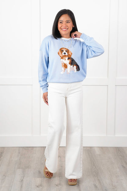 Long Sleeve Crew Neck Knit Sweater with "Beagle" Detail