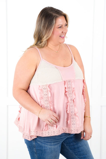 POL Sleeveless V Neck Knit Top with Ruffle Detail