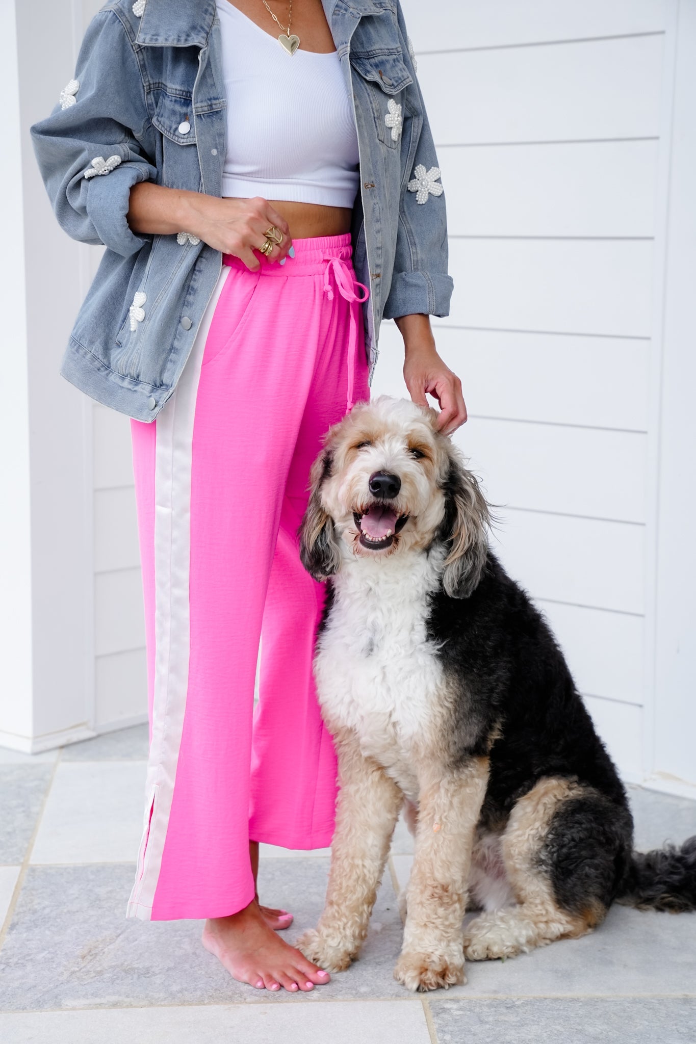 Pink Elastic Waist Pants with Side Stripe Detail