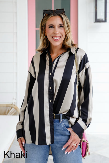 Satin Stripe Long Sleeve Button Down Blouse