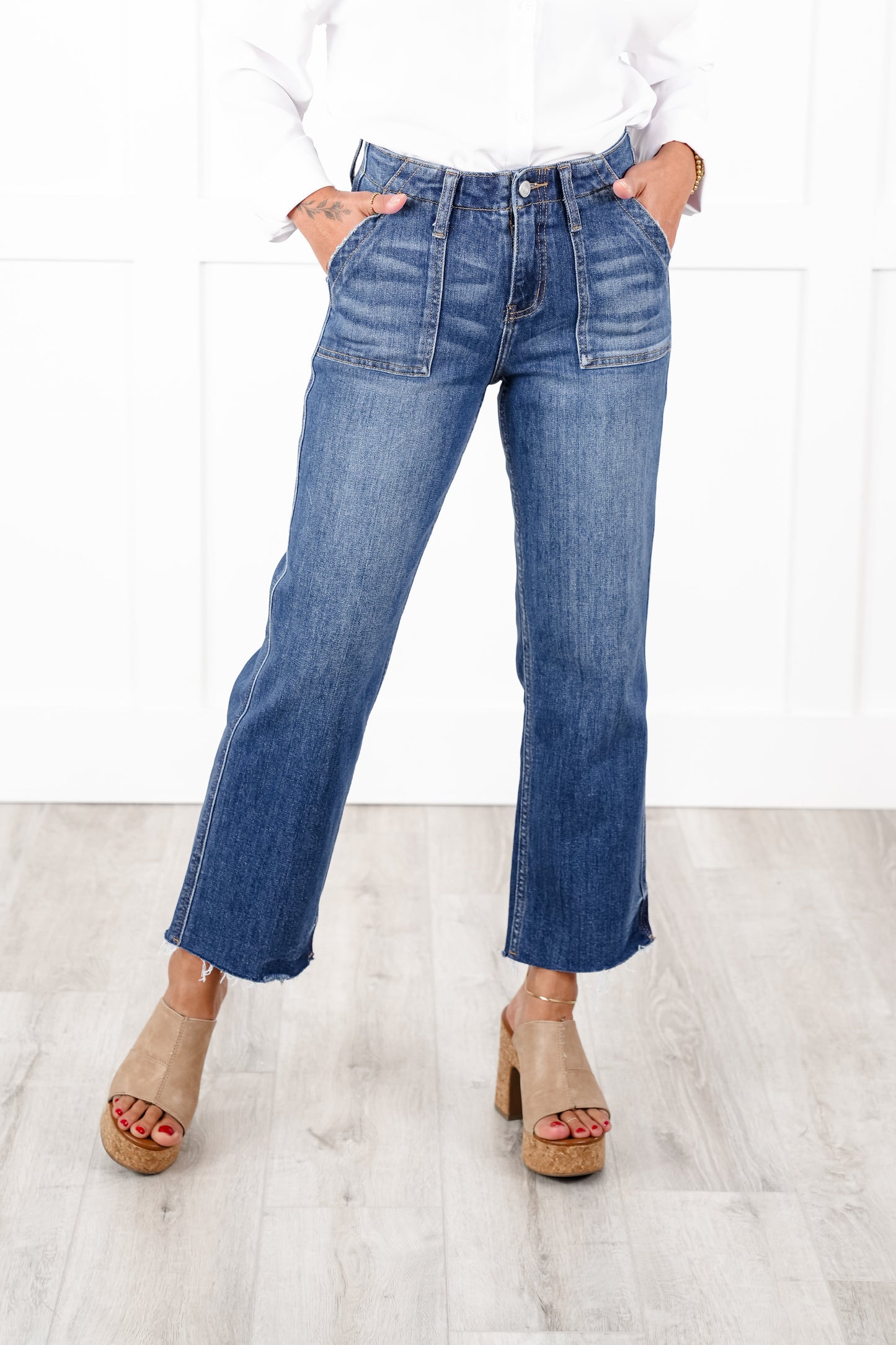 Lovervet High Rise Medium Wash Cropped Utility Straight Leg Jeans