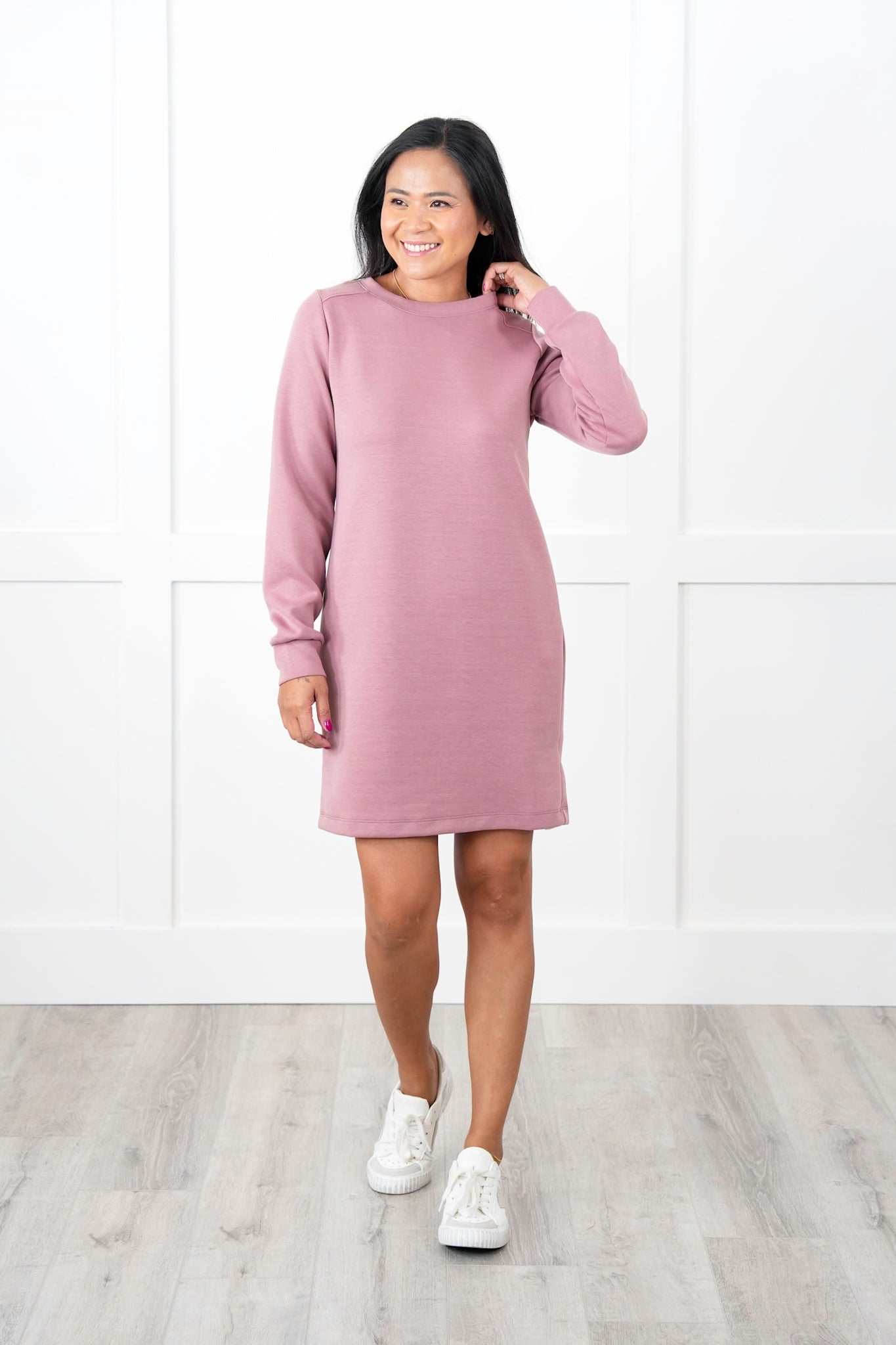 Door Buster!! Plus/Reg Solid Long Sleeve Crew Neck Sweatshirt Dress