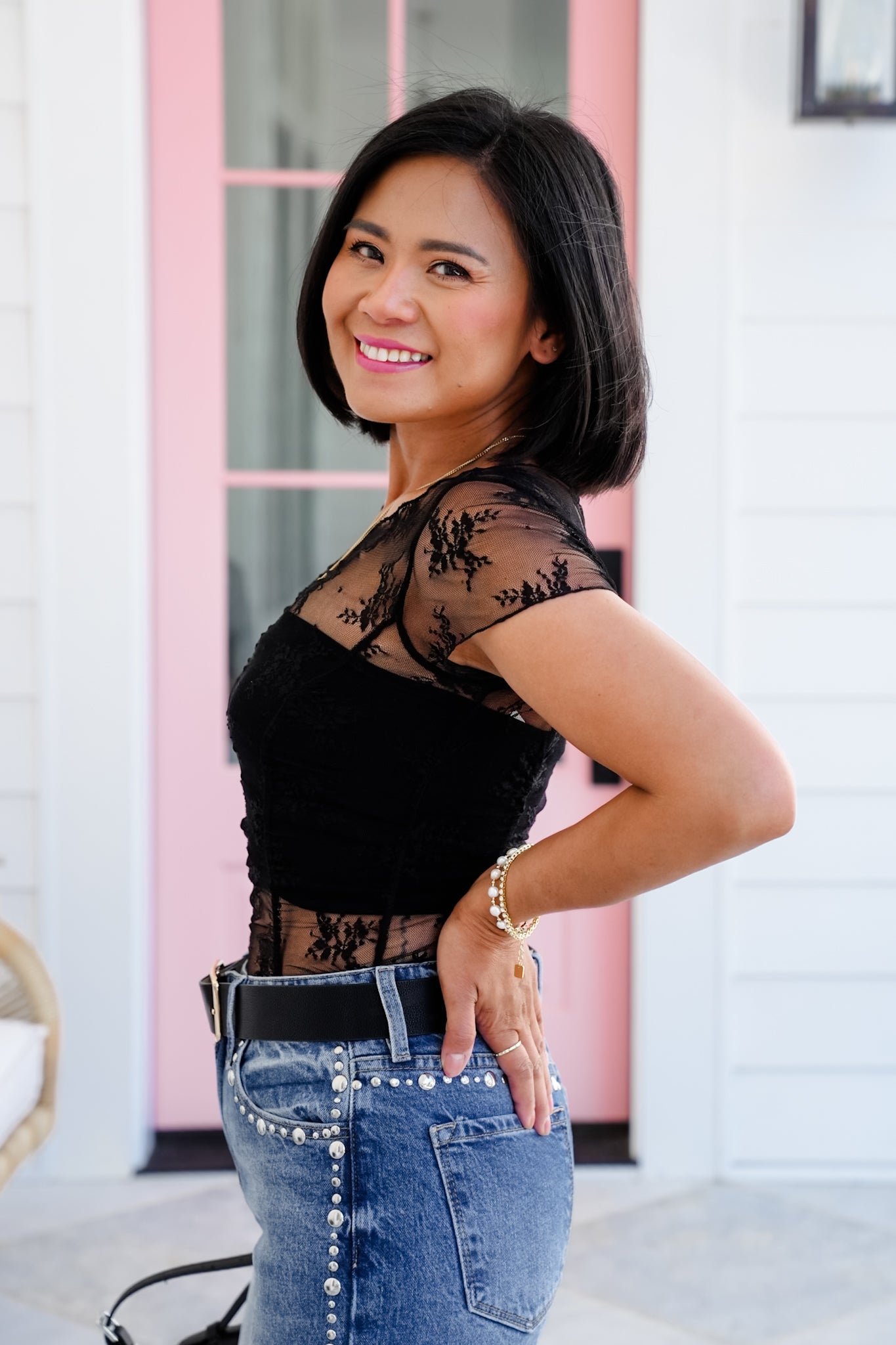 Floral Mesh Short Sleeve Top with Ruching Detail