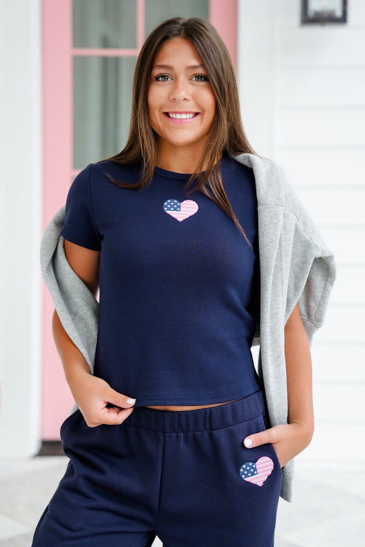 Navy Short Sleeve Tee Shirt with American Flag Heart Detail