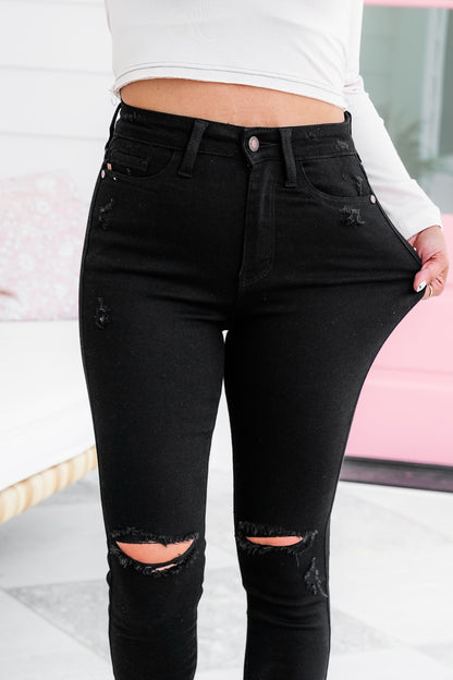 Judy Blue High Rise Black Distressed Raw Hem Skinny Jeans
