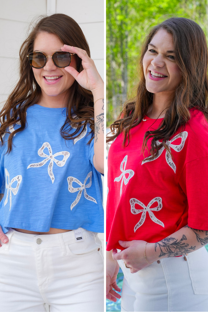 Short Sleeve Crop Top with Lace Bow Detail