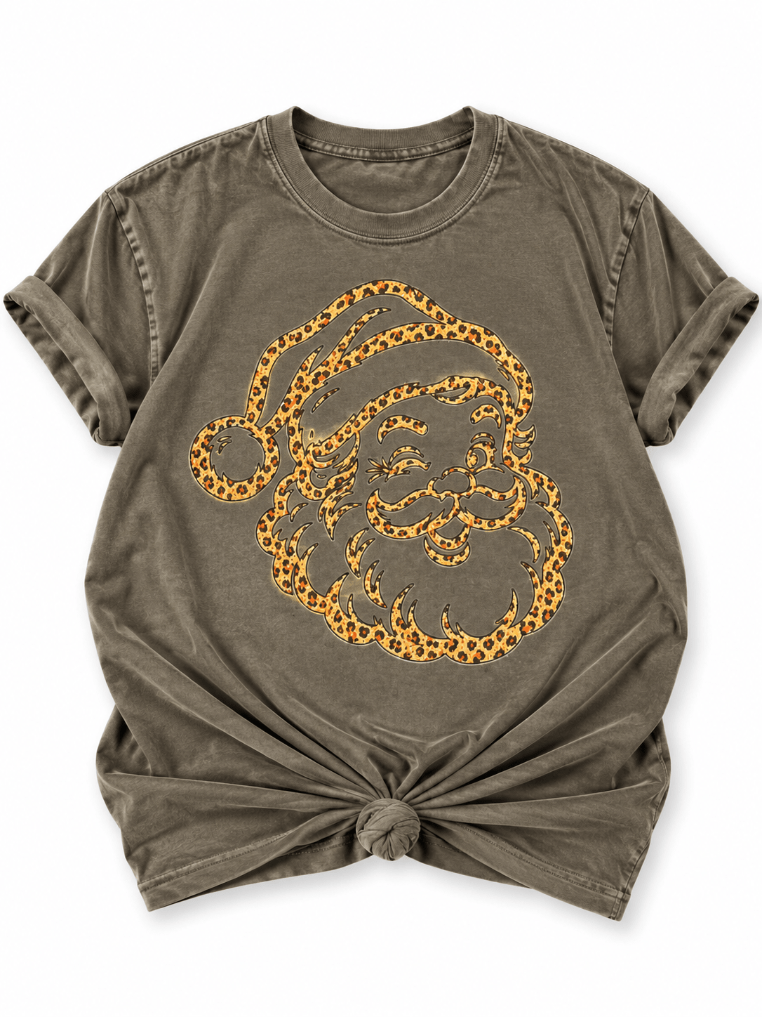 Plus/Reg Short Sleeve Leopard Print Santa Christmas Graphic Tee - Freckled Poppy