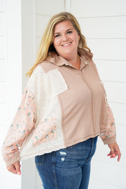 POL Long Sleeve Pullover Hoodie Top with Floral Detail