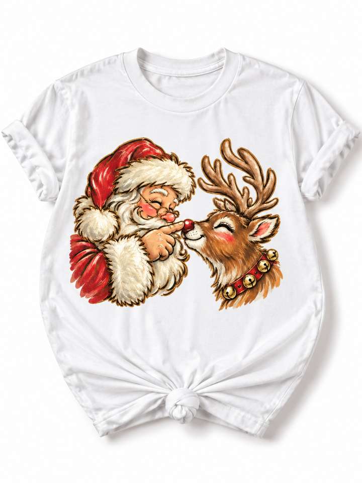Plus/Reg Short Sleeve Santa and Rudolph Christmas Graphic Tee