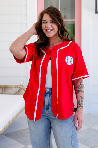 Red Short Sleeve Button Down Baseball Top with Sequin Detail