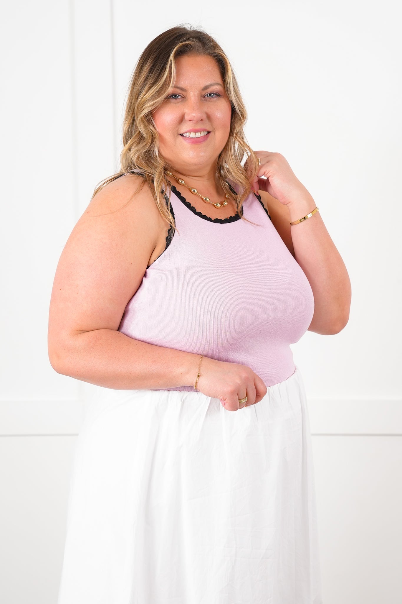 Light Pink Knit Tank Top with Lace Detail