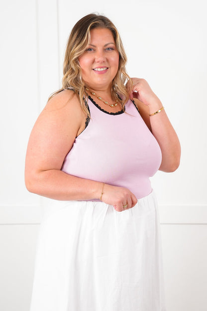 Light Pink Knit Tank Top with Lace Detail
