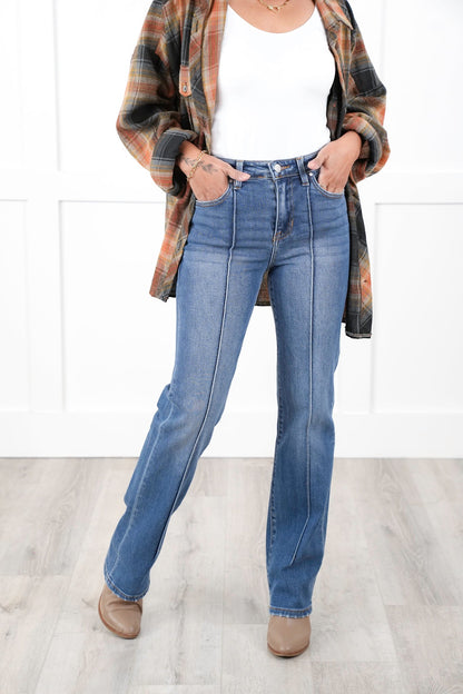 Risen High Rise Medium Wash Wide Leg Straight Cuffed Ankle Jeans