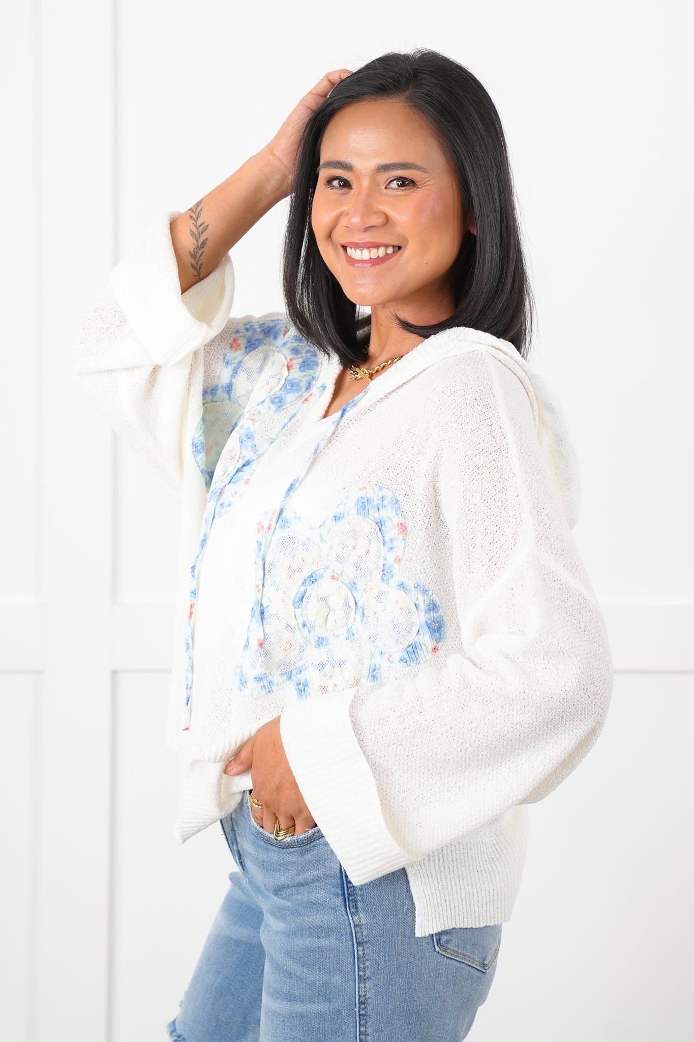 POL Long Sleeve Hooded Sweater with Floral Detail