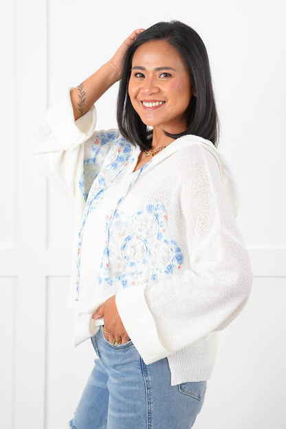 POL Long Sleeve Hooded Sweater with Floral Detail