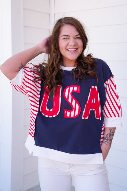 Restock! USA Lettering Patchwork Short Sleeve Pullover Top