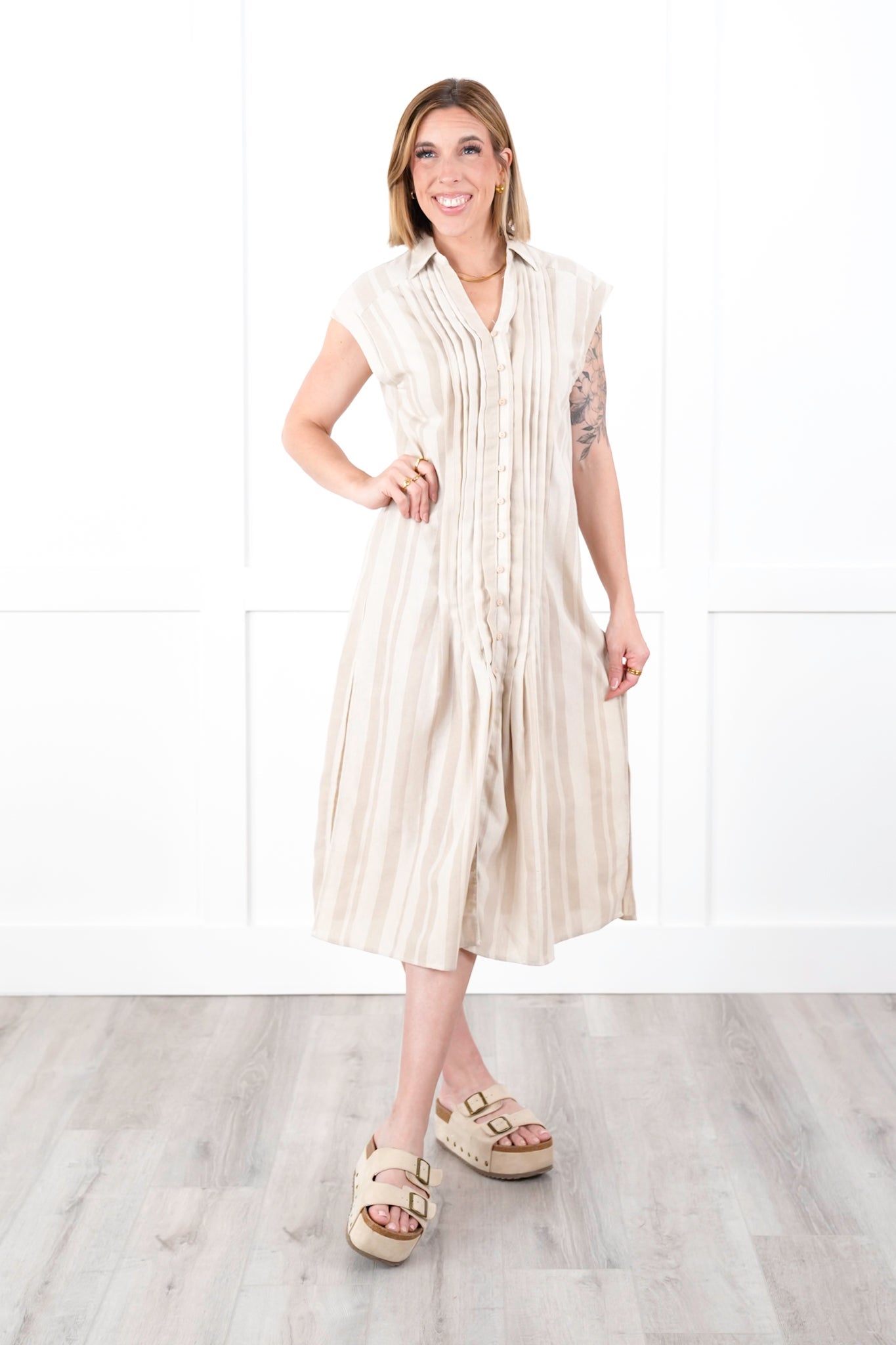 Striped Short Sleeve Button Down Dress with Pintuck Detail