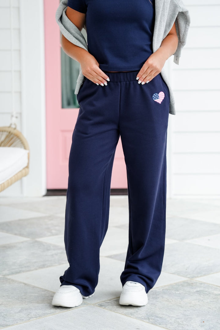 Navy Elastic Waist Sweat Pants with Embroidered American Flag Heart Detail