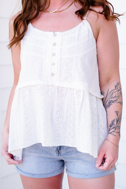 POL Sleeveless Embroidered Button Up Top