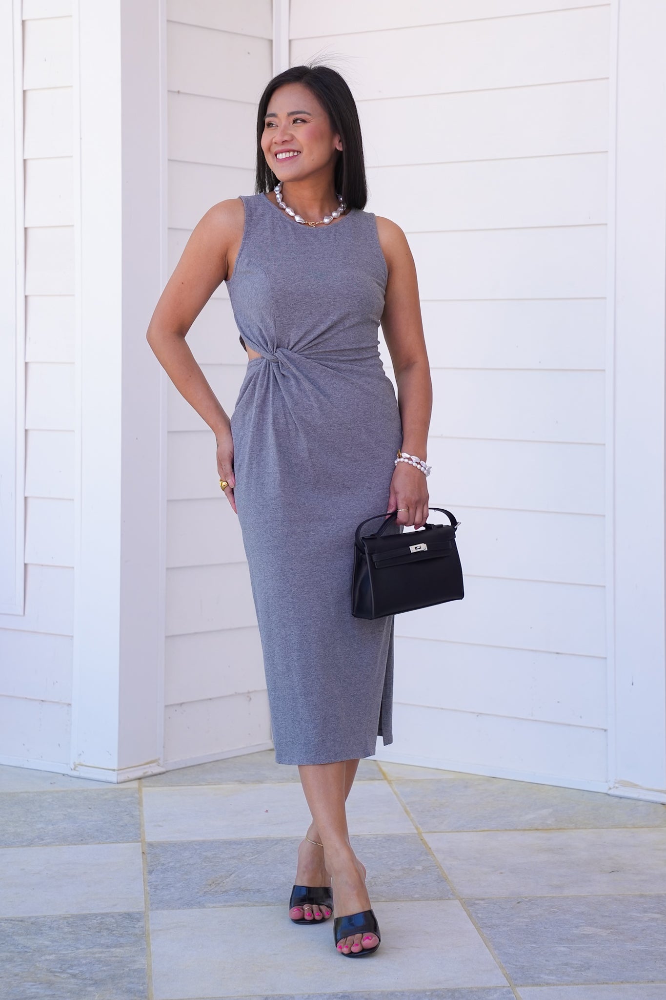 Grey Sleeveless Tank Dress with Twist Cut Out Detail