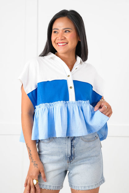 Color Block Short Sleeve Button Up Ruffle Top