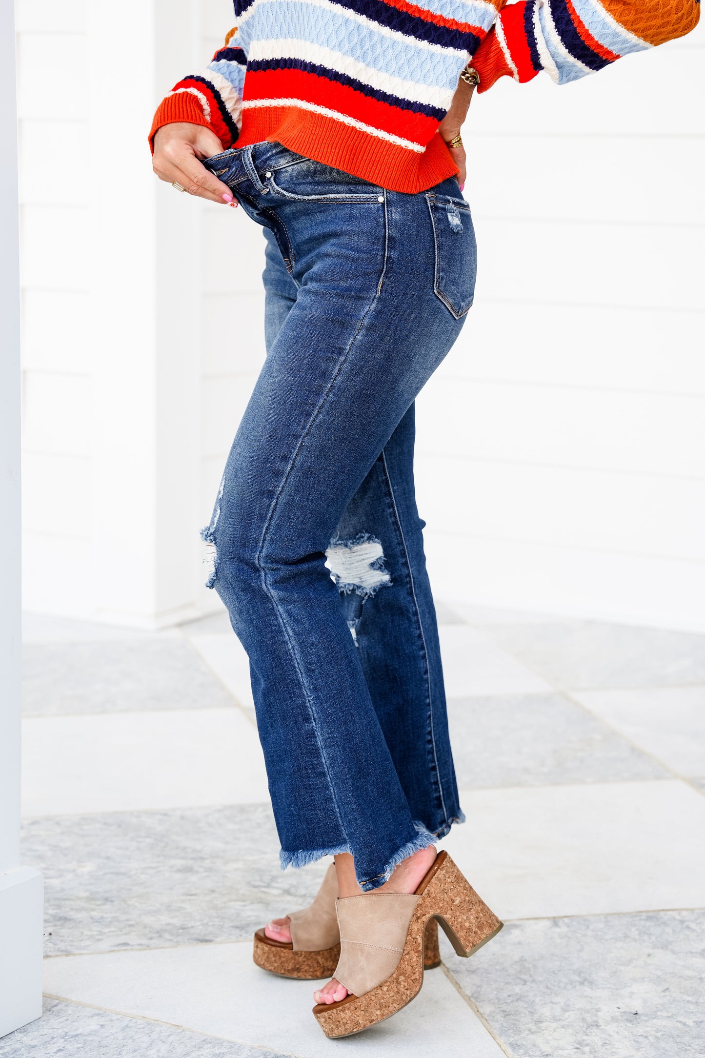 Risen The Stella  High Rise Dark Wash Cropped Distressed Flare Jeans