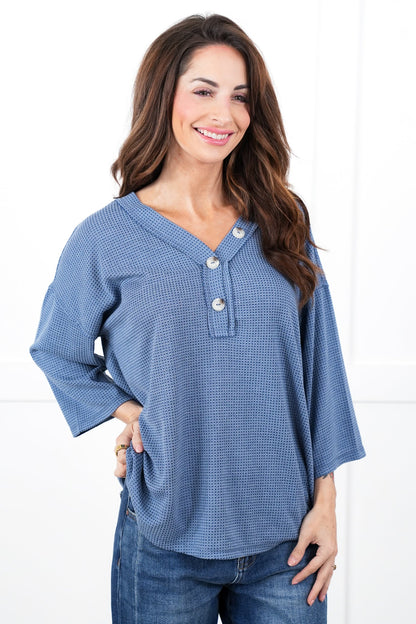 Door Buster! Plus/Reg Thermal 3/4 Sleeve V-Neck Top with Button Detail
