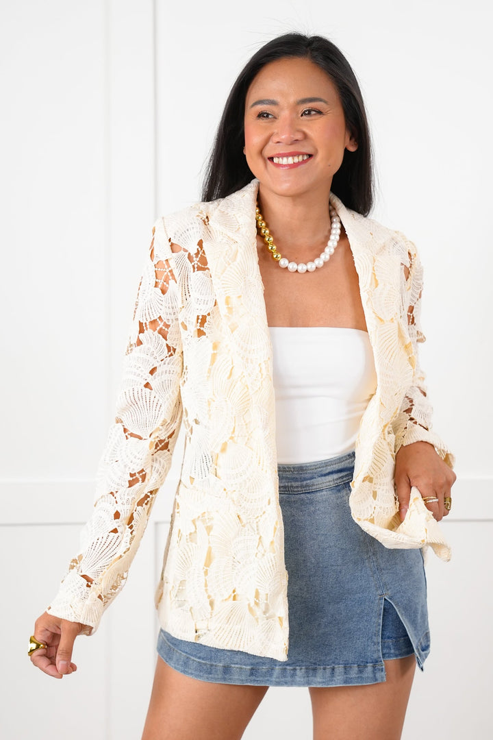 Natural Lace Long Sleeve Button Blazer