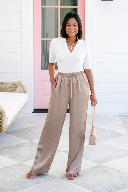 Satin Elastic High Waist Wide Leg with Side Pockets