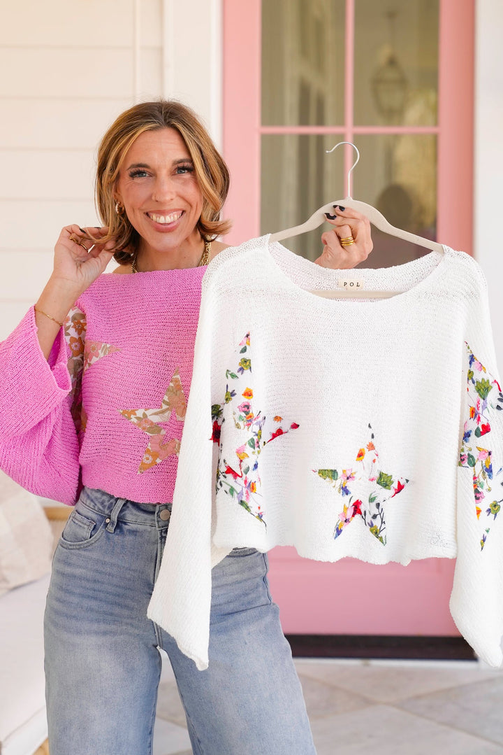 POL Long Dolman Sleeve Cropped Sweater with Floral Star Patch Detail