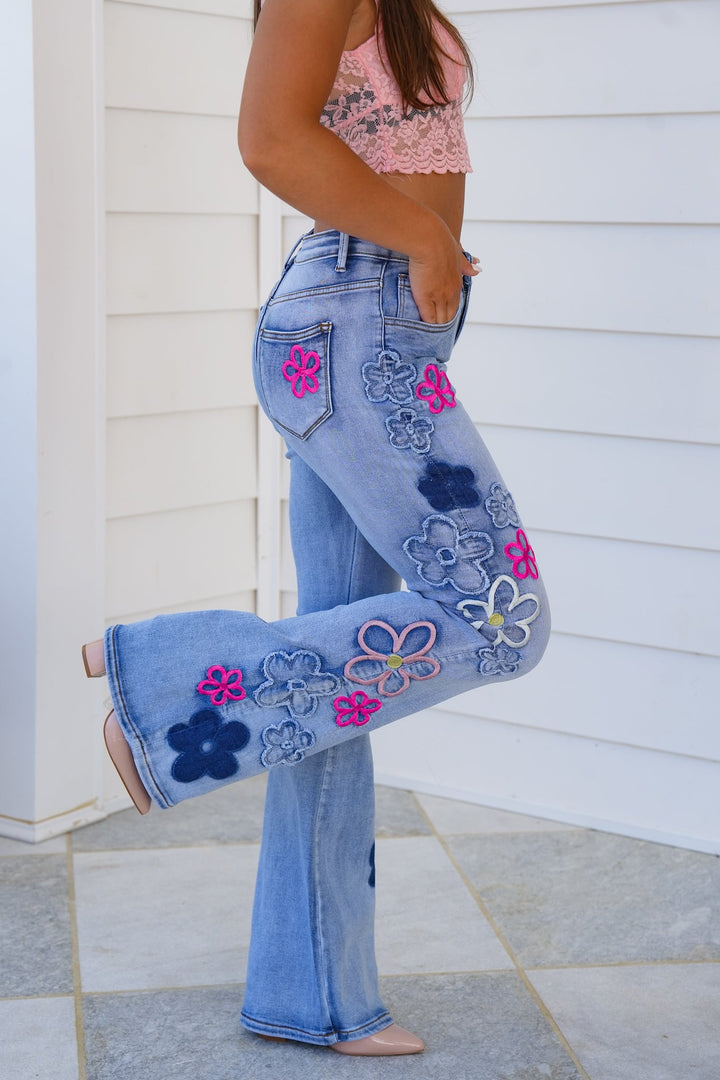 Restock! Mineral Wash Embroidered Retro Flower Flare Leg Denim Pants