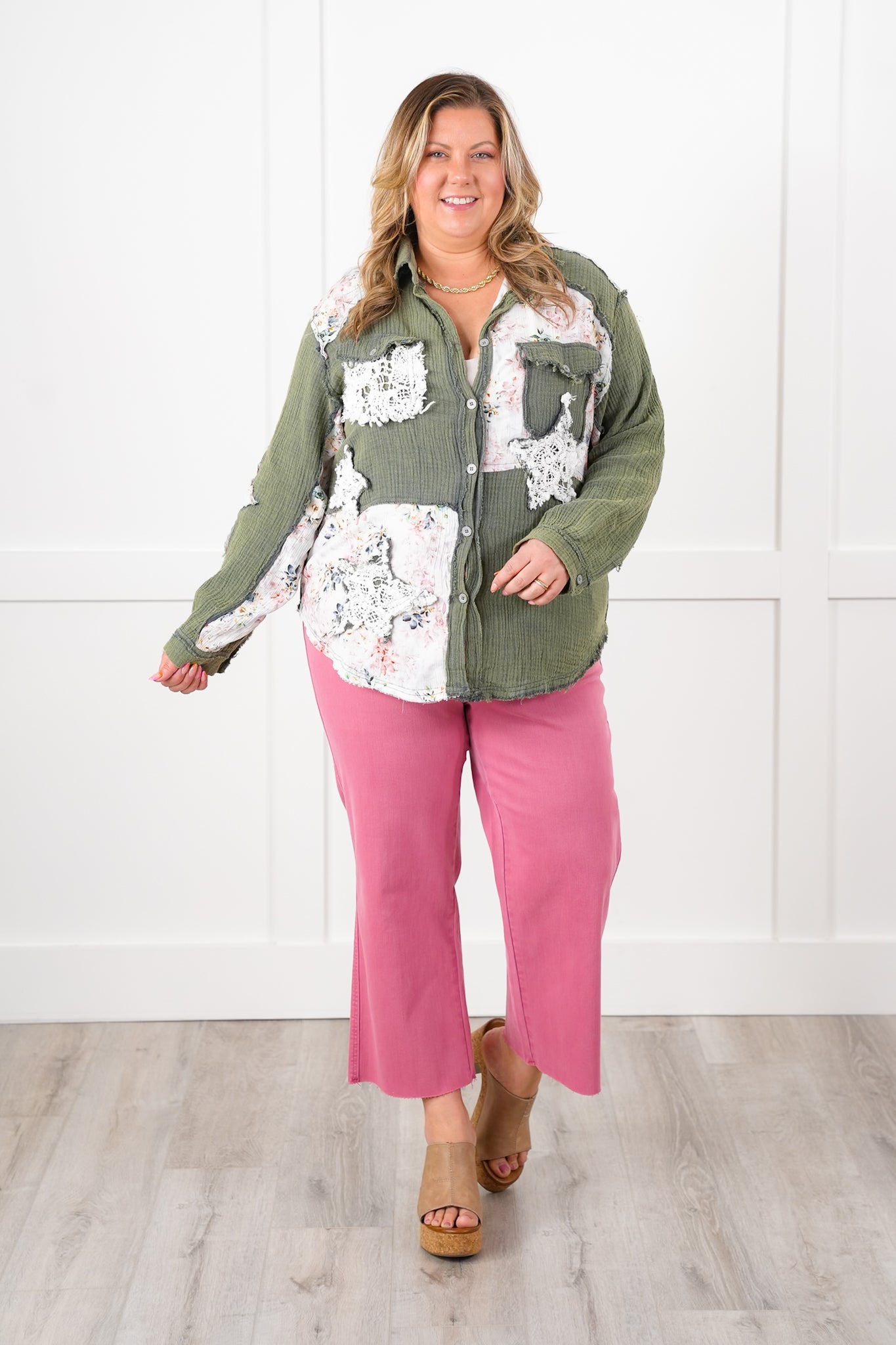 Restock! POL Gauze Long Sleeve Button Down Shacket with Floral and Lace Detail
