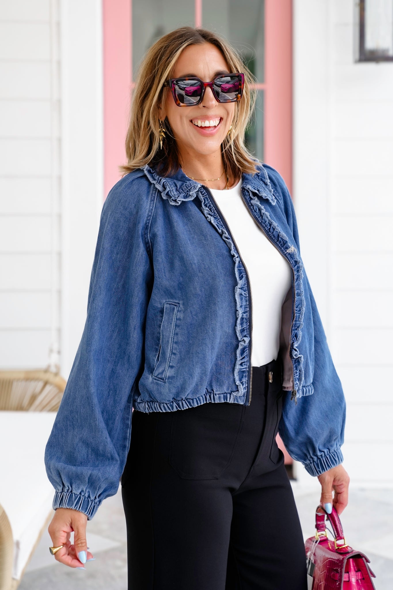 Long Sleeve Zip Up Bomber Jacket With Ruffle Detail