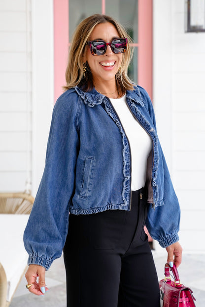 Long Sleeve Zip Up Bomber Jacket With Ruffle Detail
