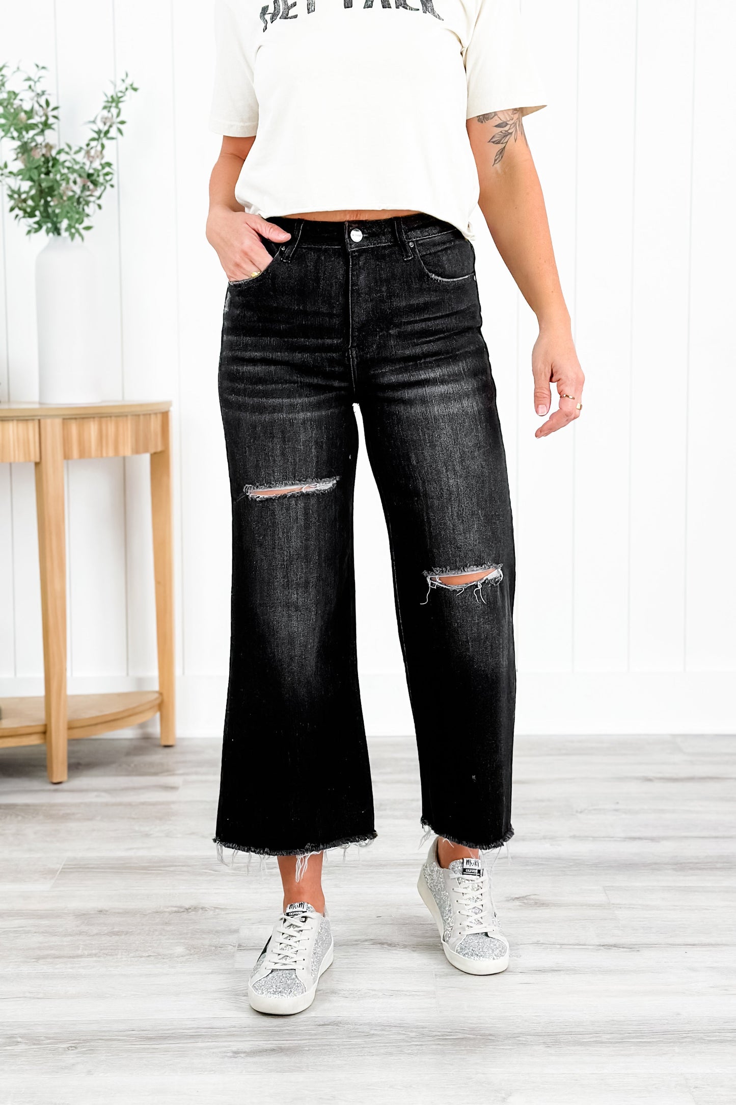 Risen High Rise Black Frayed Ankle Wide Leg Jeans