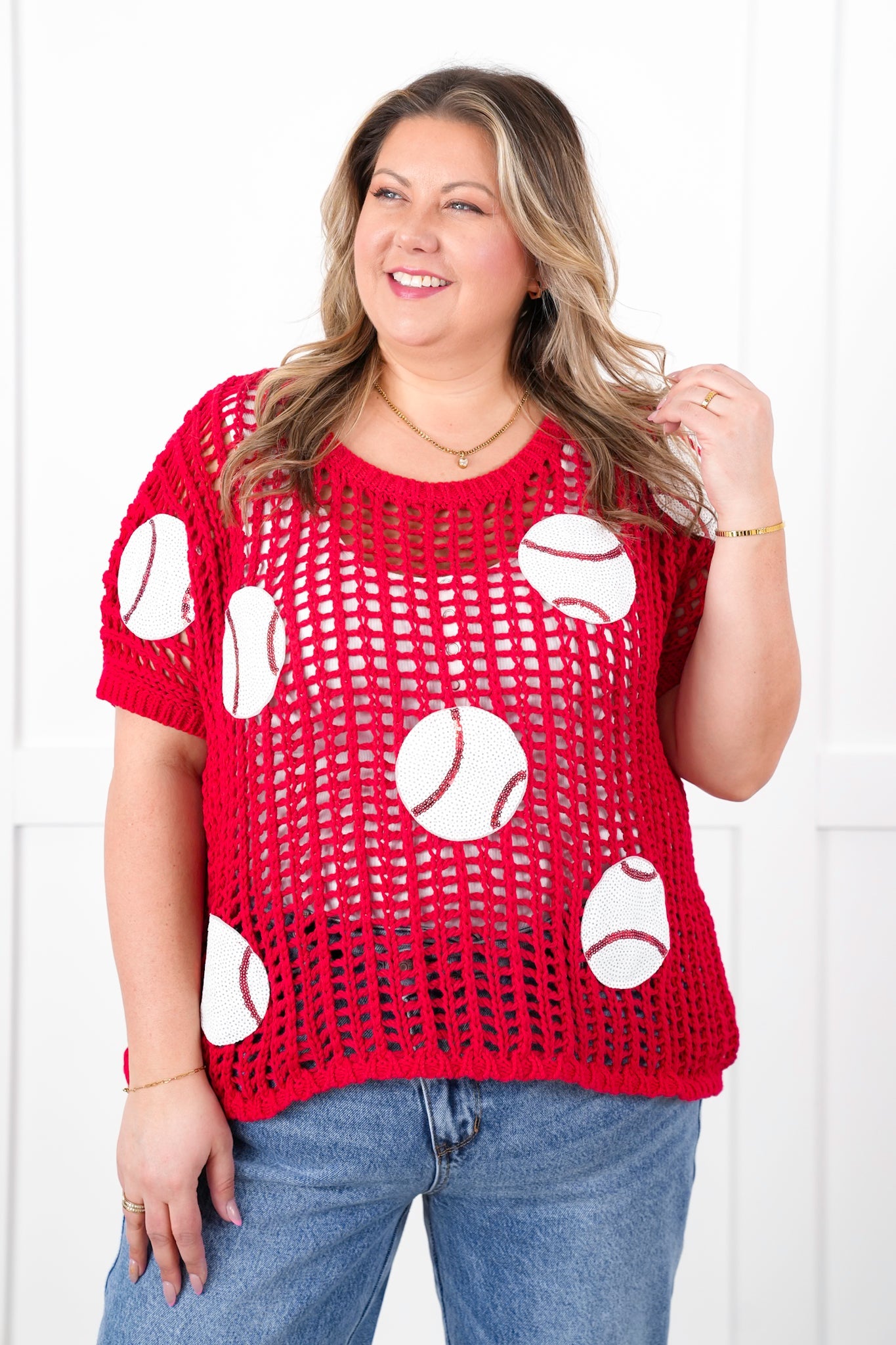Loose Knit Short Sleeve Sweater with Sequin Baseball Patch Detail
