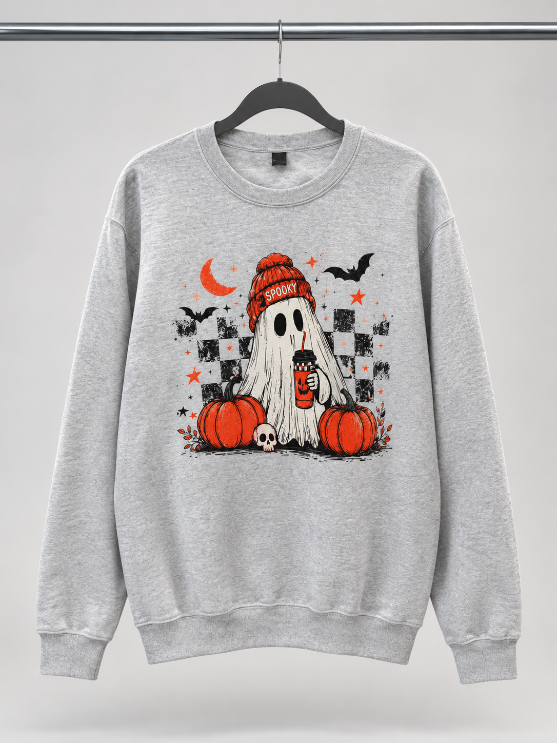 Plus/Reg Long Sleeve Bats and Coffee Ghost Halloween Graphic Sweatshirt