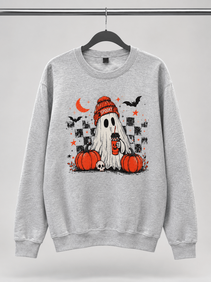 Plus/Reg Long Sleeve Bats and Coffee Ghost Halloween Graphic Sweatshirt - Freckled Poppy