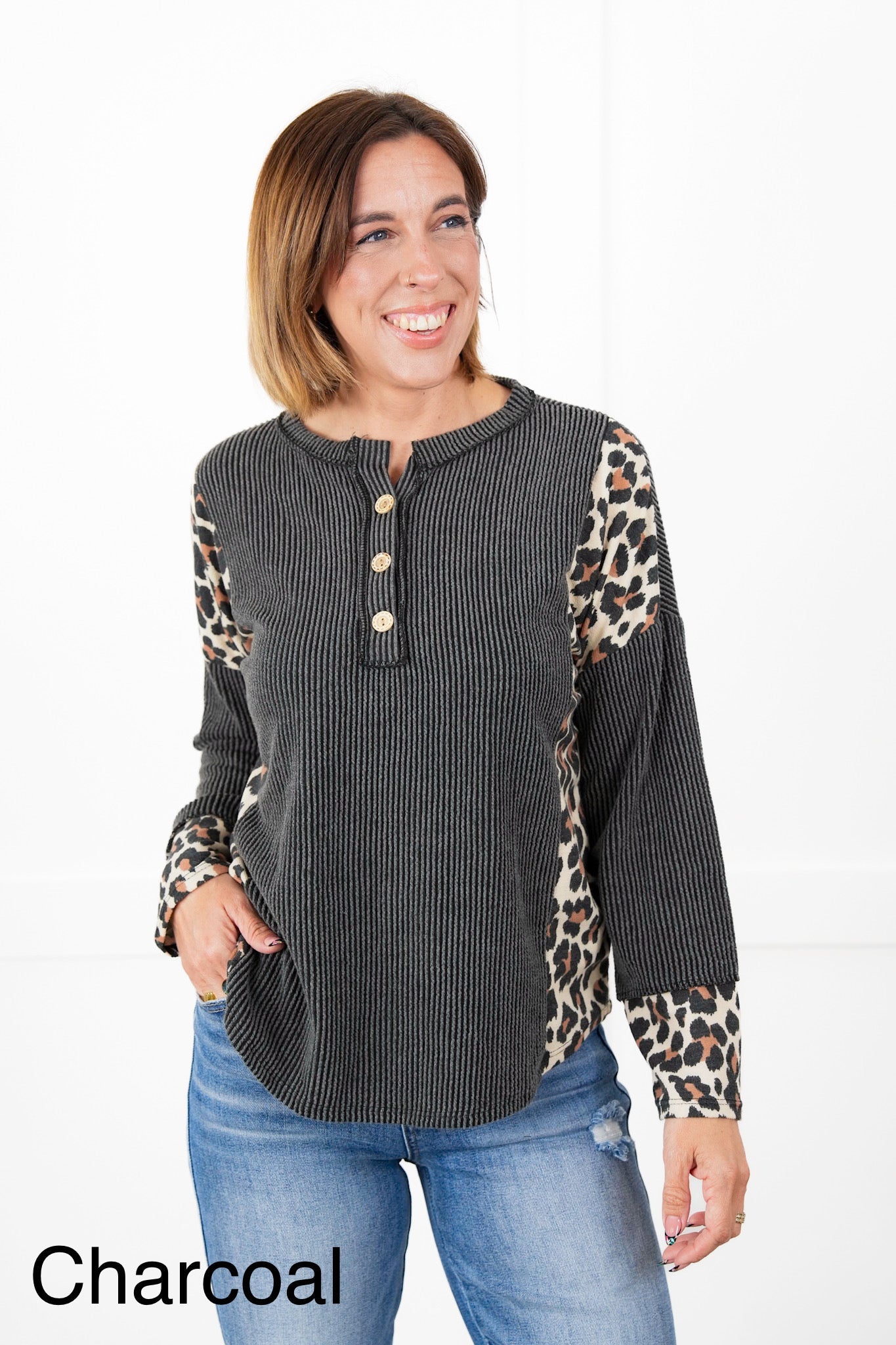 Plus/Reg Ribbed Long Sleeve Button Up Top with Leopard Detail