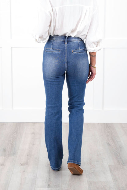 Risen High Rise Medium Wash Elastic Waistband Slim Straight Leg Jeans with Front Patch Pockets