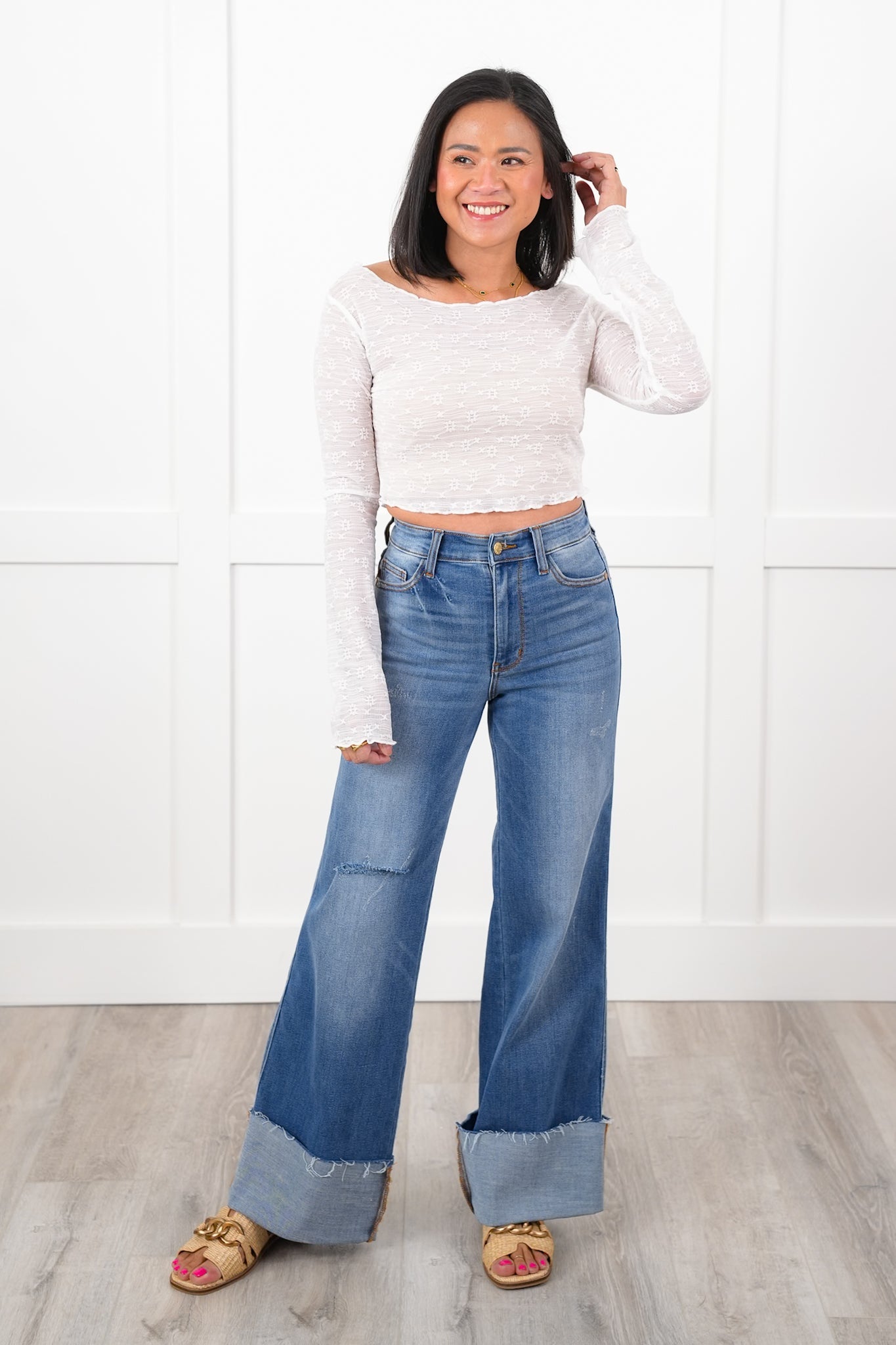 Lace Long Sleeve Boat Neck Cropped Top with Lettuce Edge Detail