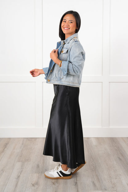 Black Satin A-Line Midi Skirt with Side Zipper