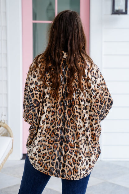 Leopard Short Dolman Sleeve Button Down High Low Top with Clear Sequin Detail