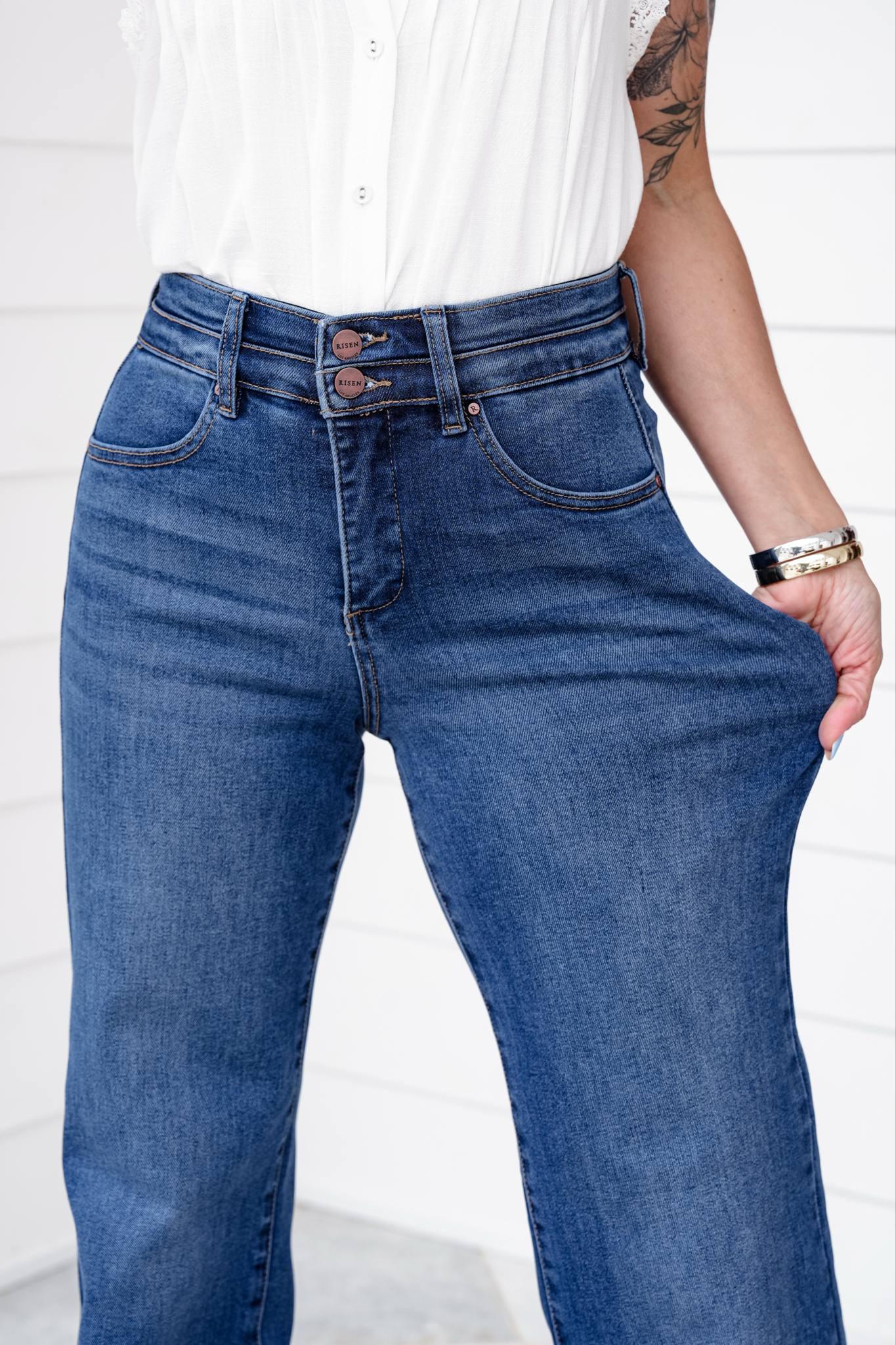 Risen Material Girl High Rise Medium Wash Tummy Control Double Button Elastic Waistband Jeans