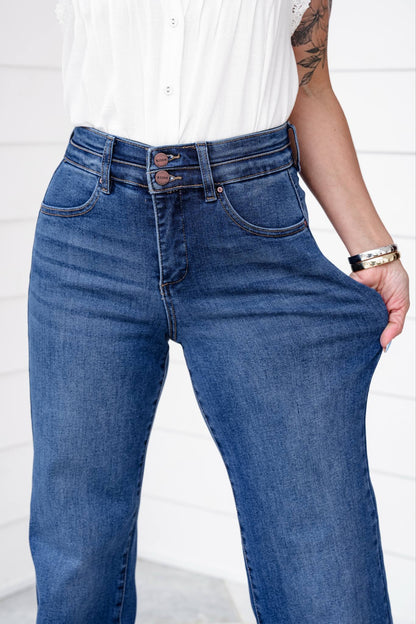 Risen Material Girl High Rise Medium Wash Tummy Control Double Button Elastic Waistband Jeans