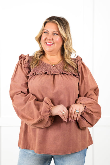 Plus/Reg Mineral Wash Long Sleeve Smocked Neck Top